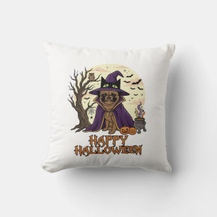 Happy Halloween Pug Witch Hat Cauldron Pumpkins_1 Throw Pillow