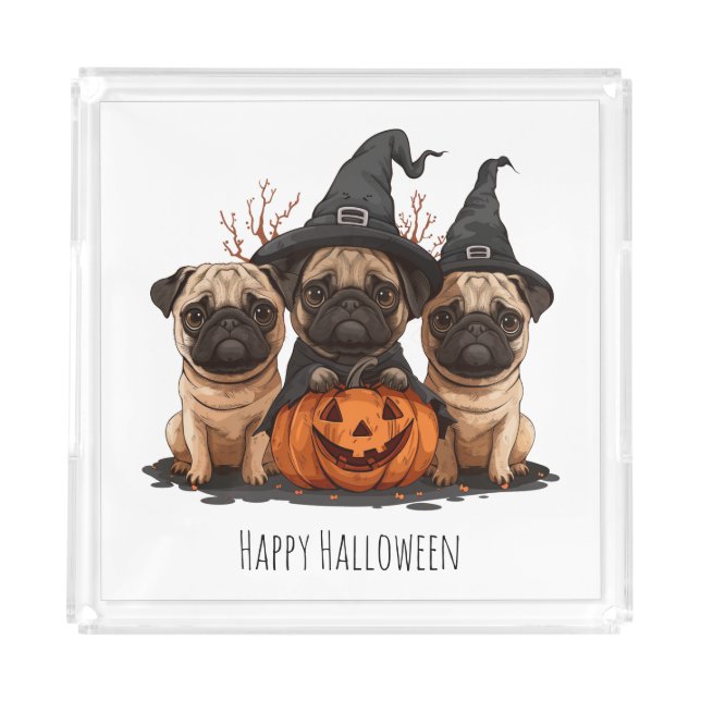 Happy Halloween Pugs Jack O Lanterns Acrylic Tray (Front)