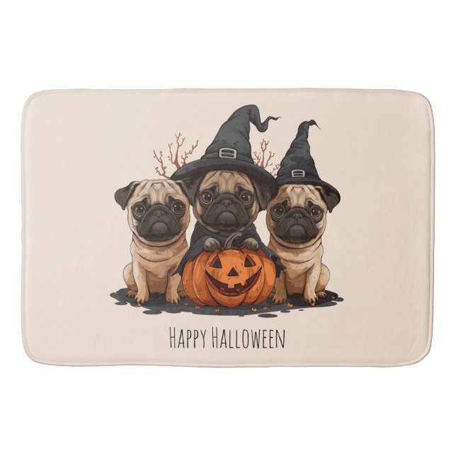 Happy Halloween Pugs Jack O Lanterns Bath Mat (Front)