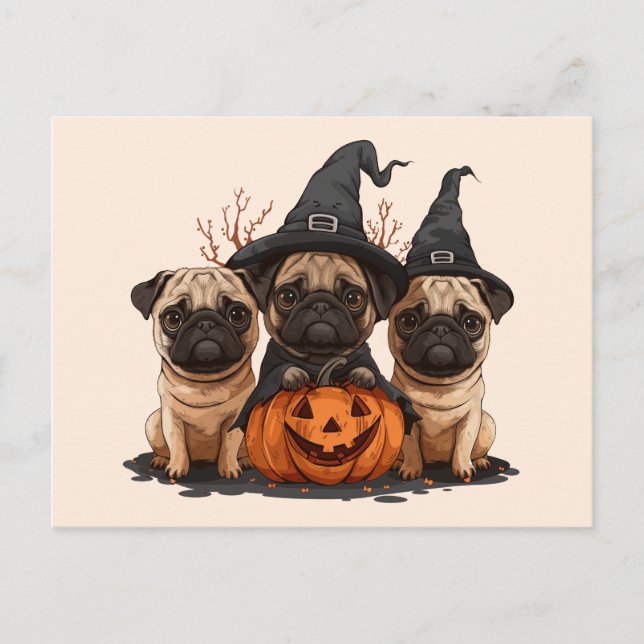 Happy Halloween Pugs Jack O Lanterns Postcard (Front)
