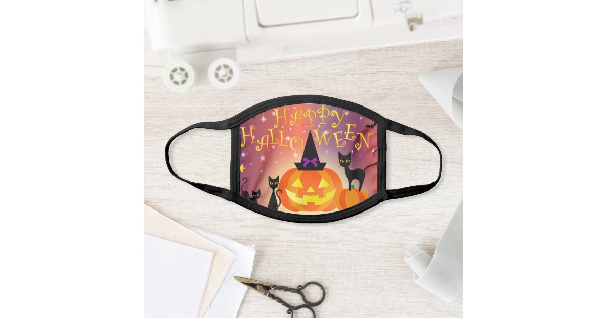 Happy Halloween Pumpkin and Black Cats Face Mask | Zazzle