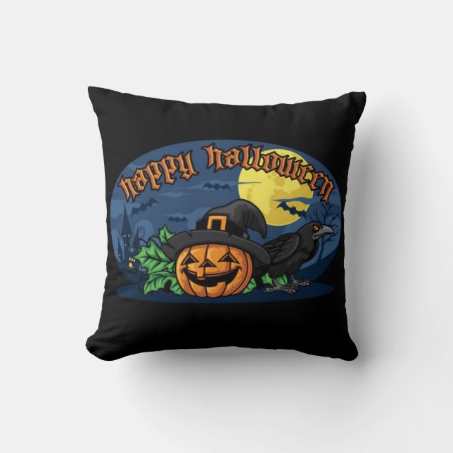 Happy Halloween Pumpkin And Crow Throw Pillow (Front)