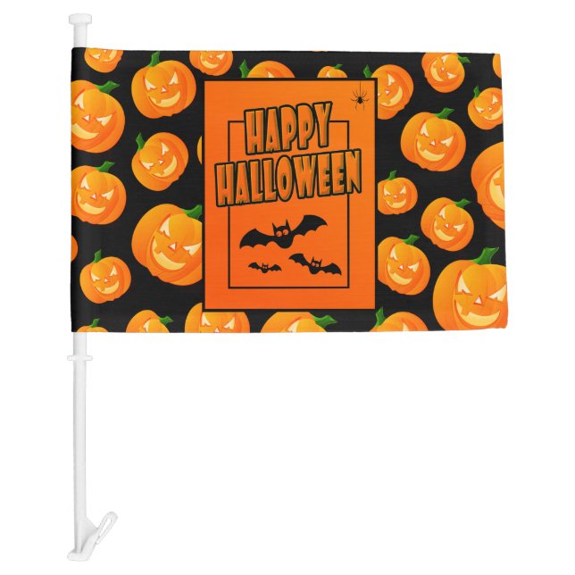 Happy Halloween, Pumpkin and Flying Bats – Car Flag (Front)