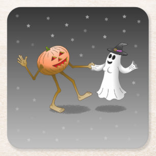 Happy Halloween Pumpkin and Ghost Square Paper Coaster