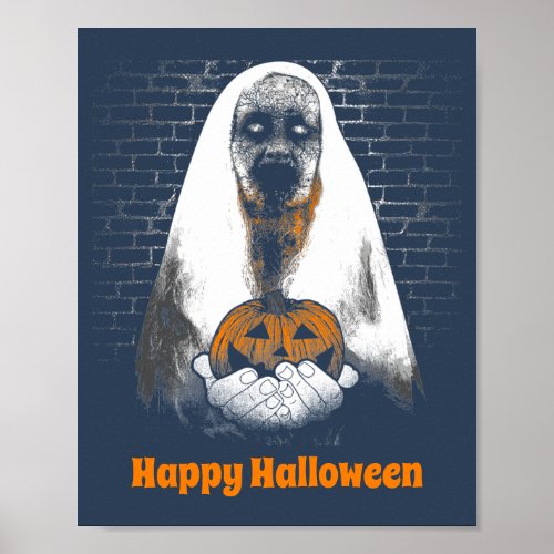 Happy Halloween Pumpkin and Scary Ghost Poster