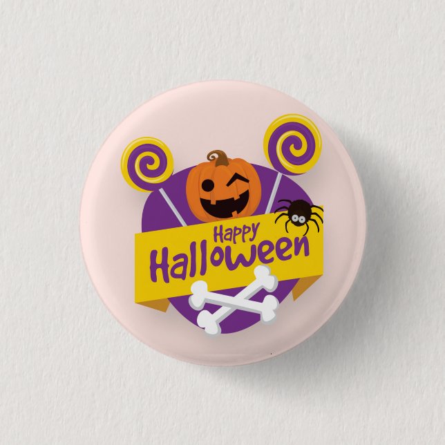Happy Halloween Pumpkin and Spider | Pin Button (Front)