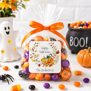Happy Halloween Pumpkin Black Cat Kids Candy Favor Square Sticker