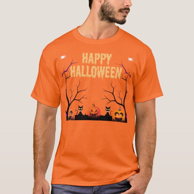 Happy Halloween Pumpkin & Cats Orange T-Shirt (Front)
