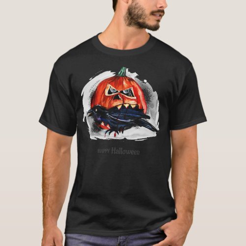 Happy Halloween Pumpkin Eating Raven T_Shirt