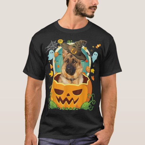 Happy Halloween Pumpkin German Shepherd Dog Witch  T_Shirt
