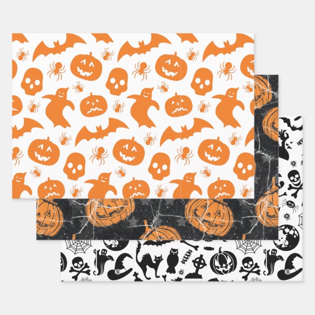 Happy Halloween Pumpkin Ghost Pattern Wrapping Paper Sheets (Set)