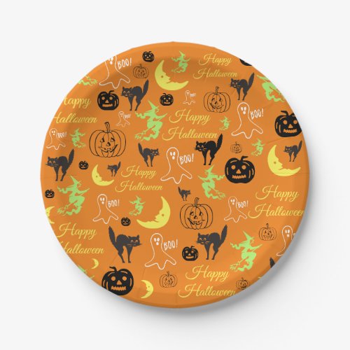 Happy Halloween Pumpkin Ghost Witch Moon Orange Paper Plates