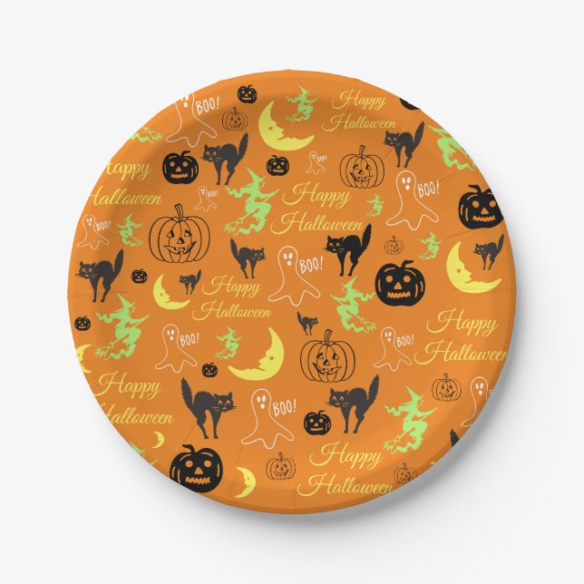 Happy Halloween Pumpkin Ghost Witch Moon Orange Paper Plates (Front)