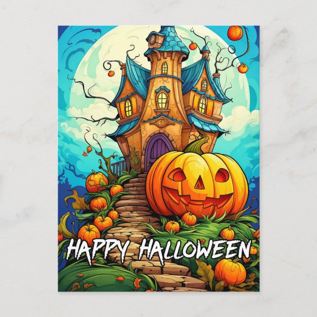 Happy Halloween | Pumpkin & Haunted House Postcard (Front)