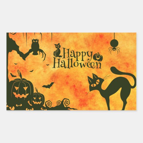 Happy Halloween Pumpkin Jack o Lantern Black Cat Rectangular Sticker