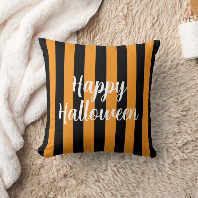 Happy Halloween Pumpkin Orange Black Striped Throw Pillow (Blanket)