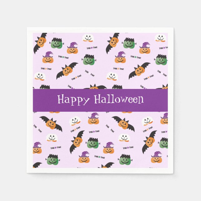 Happy Halloween Pumpkin Pattern Purple Napkins (Front)