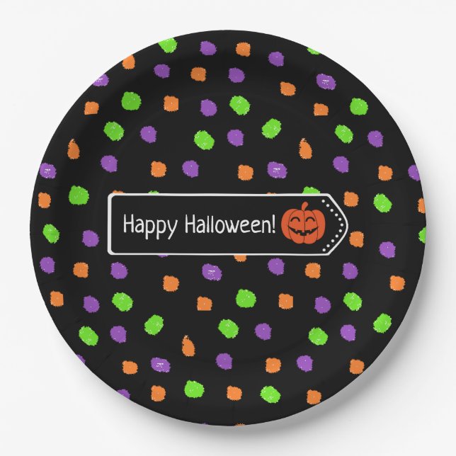 Happy Halloween Pumpkin Polka Dot Paper Plates (Front)