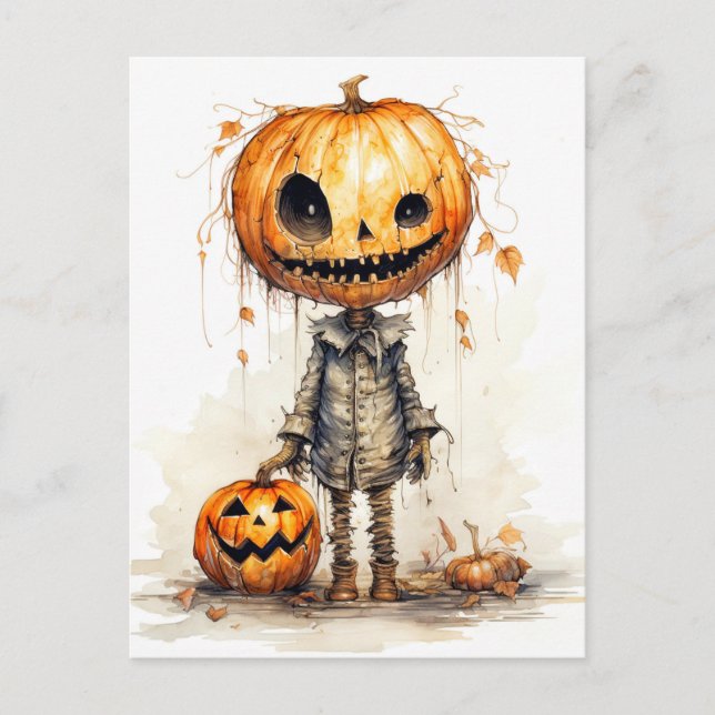 Happy Halloween Pumpkin Scarecrow Art Postcard (Front)