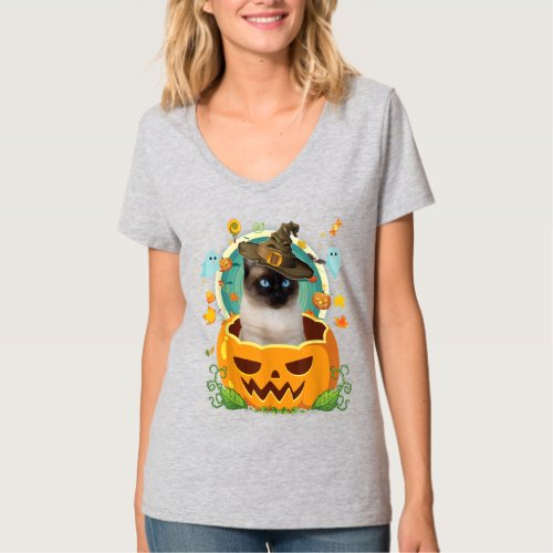 Happy Halloween Pumpkin Siamese Cat Witch Cute Hat T_Shirt