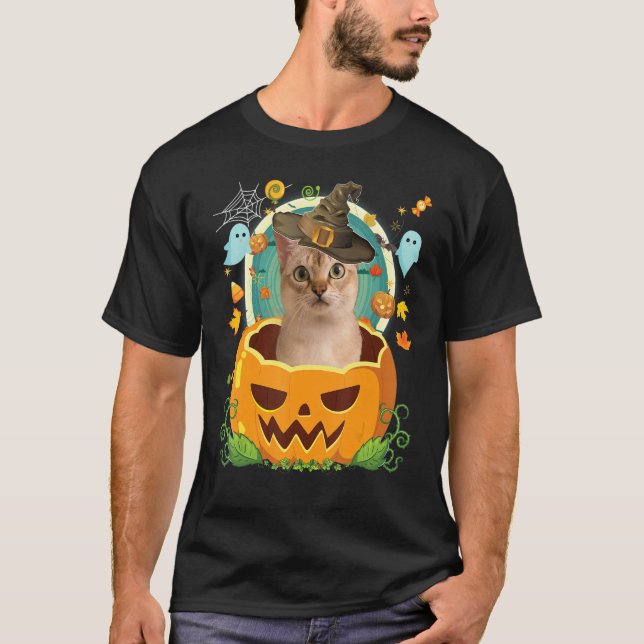 Happy Halloween Pumpkin Singapura Cat Witch Cute H T-Shirt (Front)