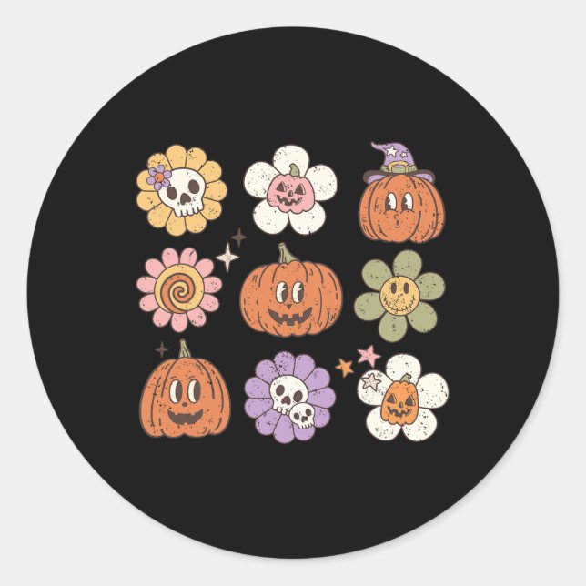 Happy Halloween Pumpkin Skull Flower Classic Round Sticker (Front)