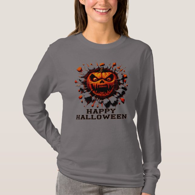 Happy Halloween Pumpkin Smashing Through T-Shirt (Front)