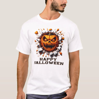 Happy Halloween Pumpkin Smashing Through T-Shirt