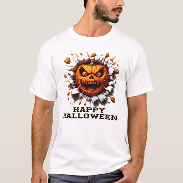 Happy Halloween Pumpkin Smashing Through T-Shirt (Front)