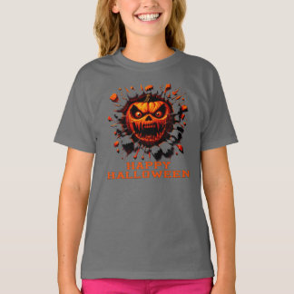 Happy Halloween Pumpkin Smashing Through T-Shirt