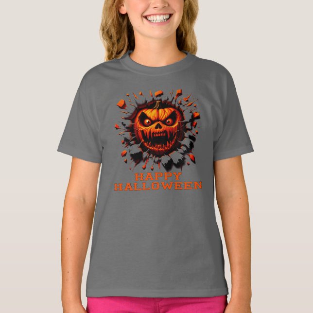 Happy Halloween Pumpkin Smashing Through T-Shirt (Front)