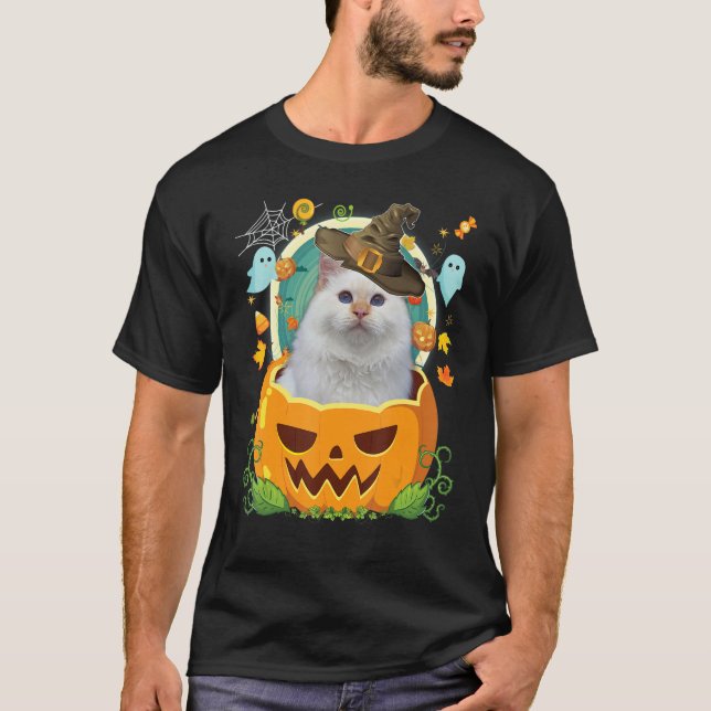 Happy Halloween Pumpkin Turkish Angora Cat Witch C T-Shirt (Front)