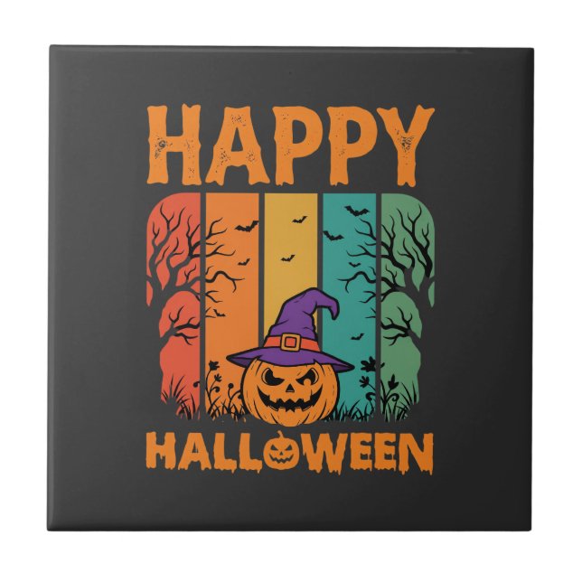 Happy Halloween Pumpkin Vintage Vector Ceramic Tile (Front)