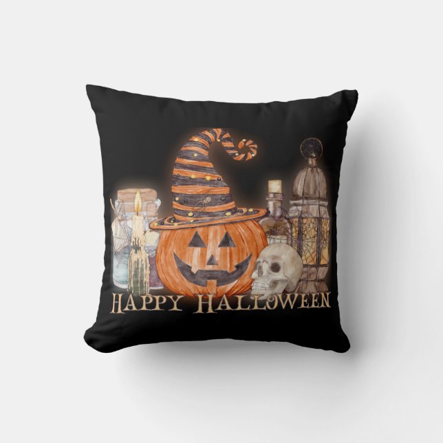 Happy Halloween Pumpkin Watercolor Throw Pillow (Front)