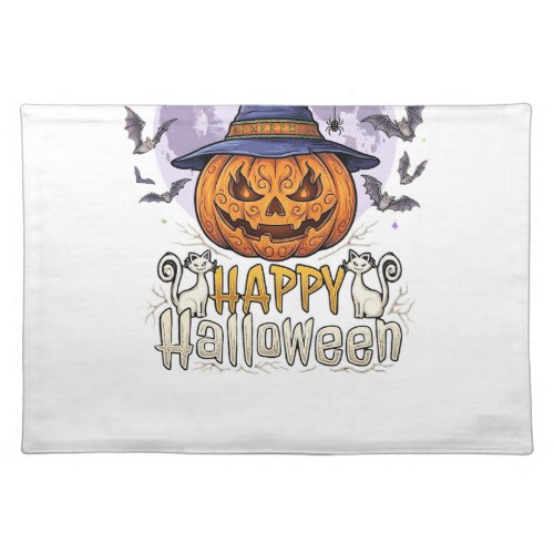 Happy Halloween Pumpkin Witch Hat Bats Full Moon_1 Cloth Placemat