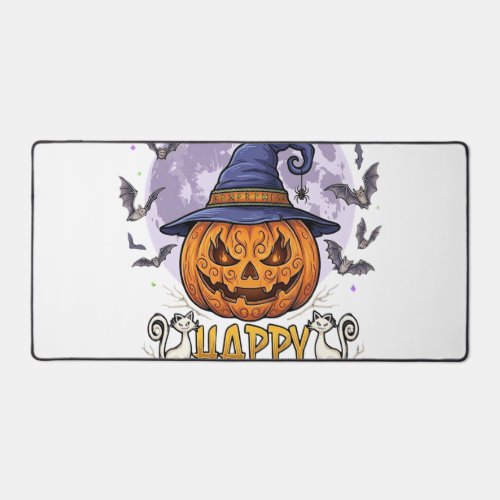 Happy Halloween Pumpkin Witch Hat Bats Full Moon_1 Desk Mat