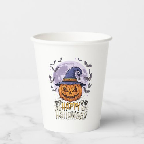 Happy Halloween Pumpkin Witch Hat Bats Full Moon_1 Paper Cups