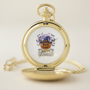 Happy Halloween Pumpkin Witch Hat Bats Full Moon_1 Pocket Watch