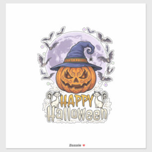 Happy Halloween Pumpkin Witch Hat Bats Full Moon_1 Sticker