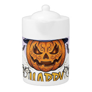 Happy Halloween Pumpkin Witch Hat Bats Full Moon_1 Teapot