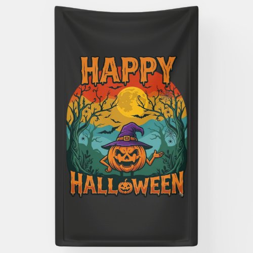 Happy Halloween Pumpkin Witch Hat Full Moon Bats Banner