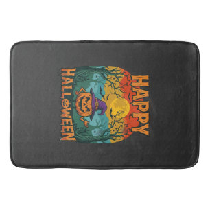 Happy Halloween Pumpkin Witch Hat Full Moon Bats Bath Mat