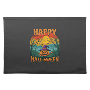 Happy Halloween Pumpkin Witch Hat Full Moon Bats Cloth Placemat