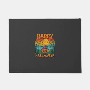 Happy Halloween Pumpkin Witch Hat Full Moon Bats Doormat