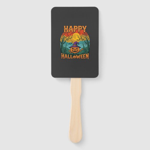 Happy Halloween Pumpkin Witch Hat Full Moon Bats Hand Fan