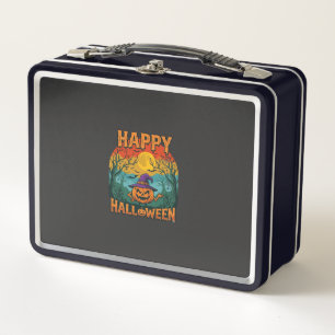 Happy Halloween Pumpkin Witch Hat Full Moon Bats Metal Lunch Box