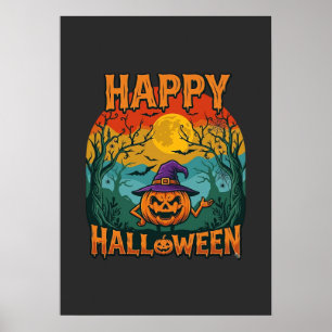 Happy Halloween Pumpkin Witch Hat Full Moon Bats Poster