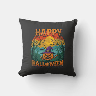 Happy Halloween Pumpkin Witch Hat Full Moon Bats Throw Pillow