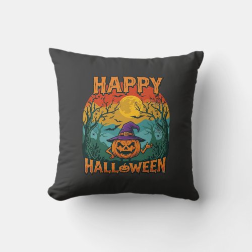 Happy Halloween Pumpkin Witch Hat Full Moon Bats Throw Pillow