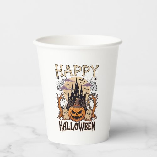 Happy Halloween Pumpkin Witch Hat Haunted Castle M Paper Cups